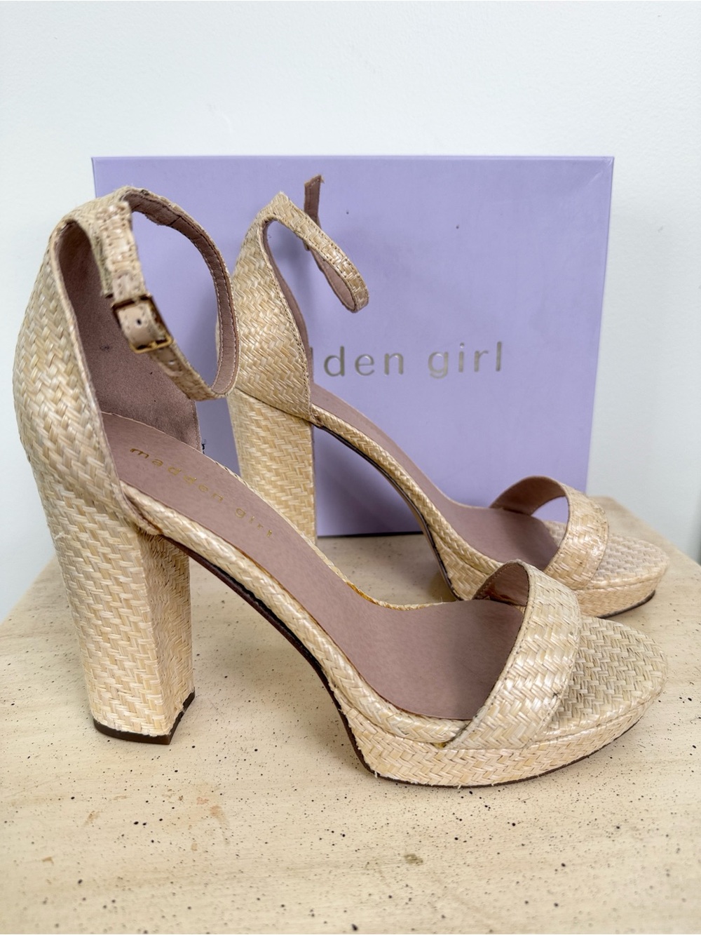 NIB Madden Girl Woven Tan Ankle-Strap Block Heels 9.5 M